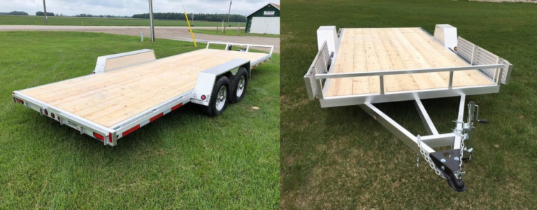 Dual views of custom aluminum flatdeck trailer by Millroad Manufacturing with wooden deck and tandem axles.