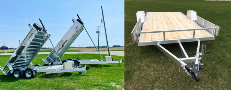 Millroad aluminum dump trailers and flatbed utility trailer displayed on grass, showcasing durable construction and design.