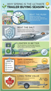 Infographic showing 5 reasons to buy a Millroad aluminum trailer in spring: beat the summer rush, avoid winter road salt, fuel efficiency, safe learning on dry roads, and long-term value.